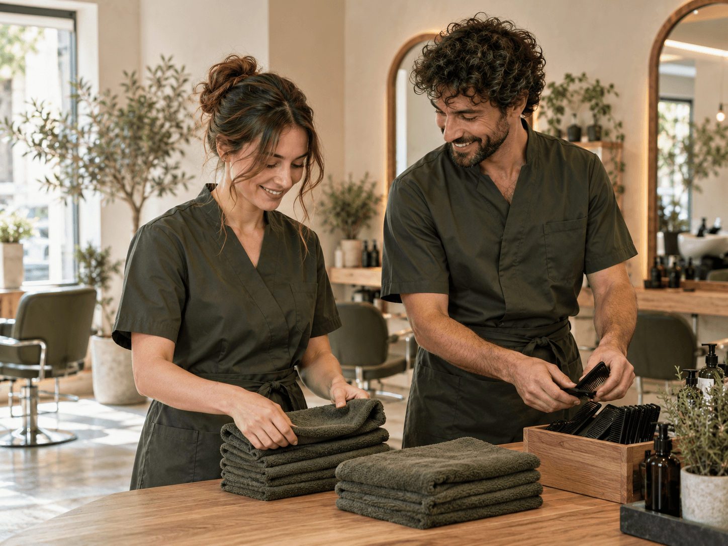 Equipo de barbería organizando la jornada antes de abrir
