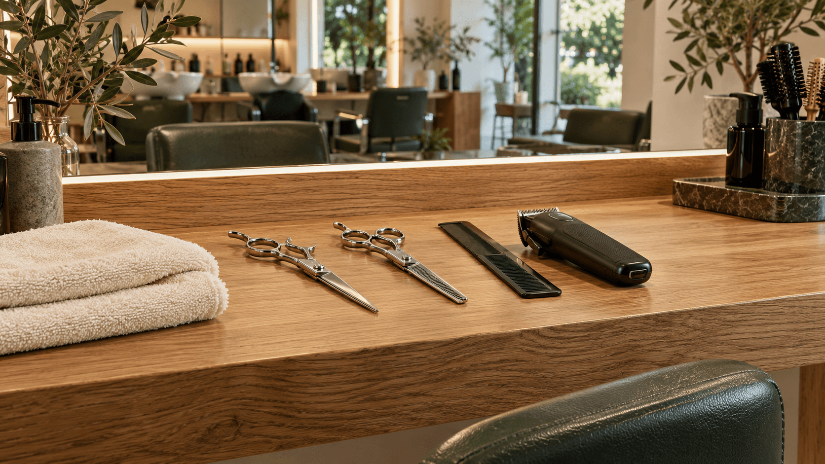 Estantería de producto profesional dentro de una barbería
