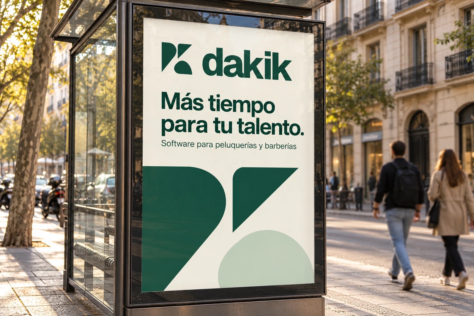 Propuesta de campaña exterior Dakik con el lema Más tiempo para tu talento en una marquesina urbana.