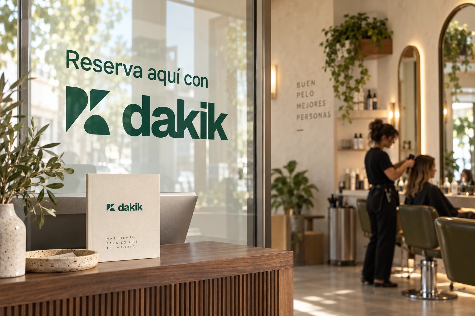 Visualización conceptual de una recepción de peluquería con la marca Dakik en el cristal.
