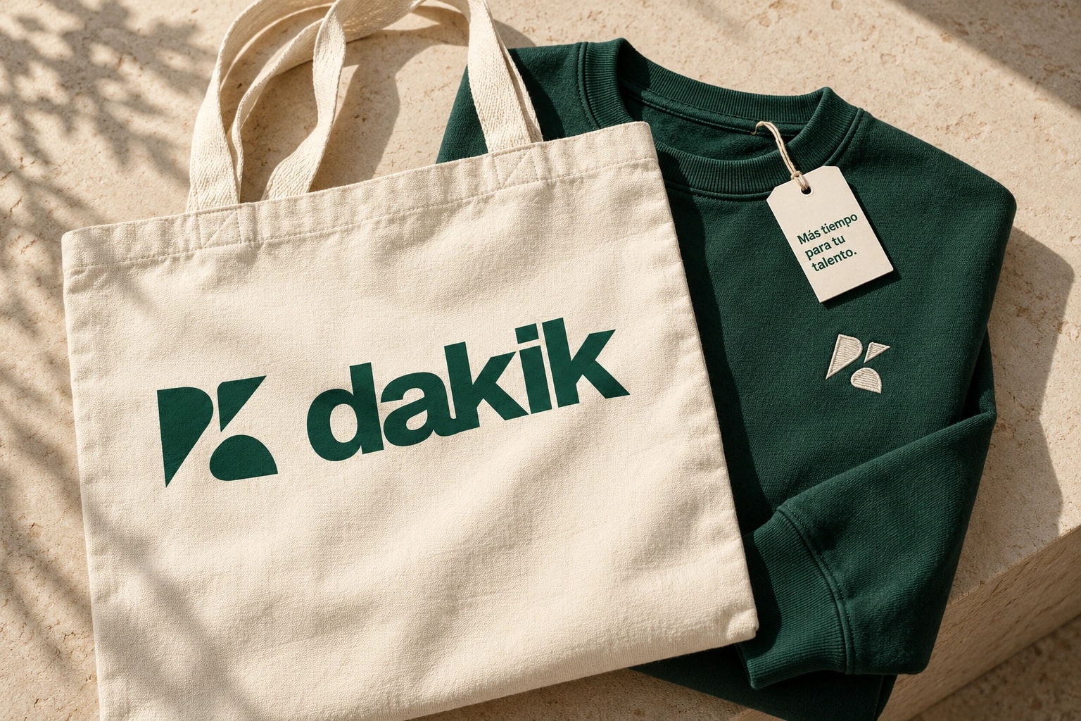 Aplicación conceptual de la marca Dakik en una bolsa de tela y una sudadera.
