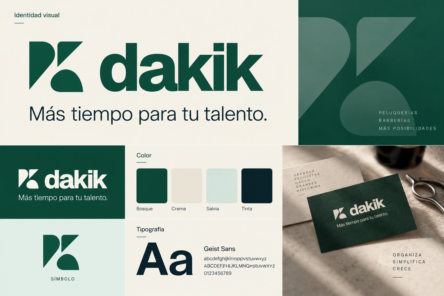 Propuesta de identidad visual Dakik con el logotipo, la paleta verde y crema y la tipografía Geist Sans.